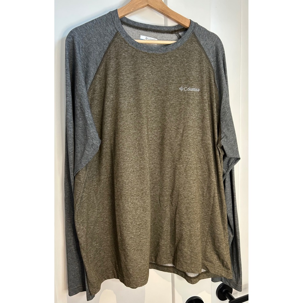 Columbia Mens XXL Long Sleeve Raglan Shirt Olive Green Grey Heathered Hiking Tee